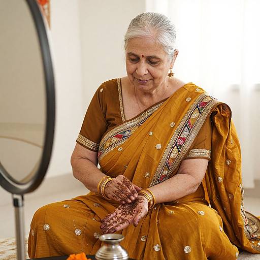 Photograph of an elderly Indian woman with white hair, wearing an orange sari with gold and red embroidery, applying henna on her hands, seated