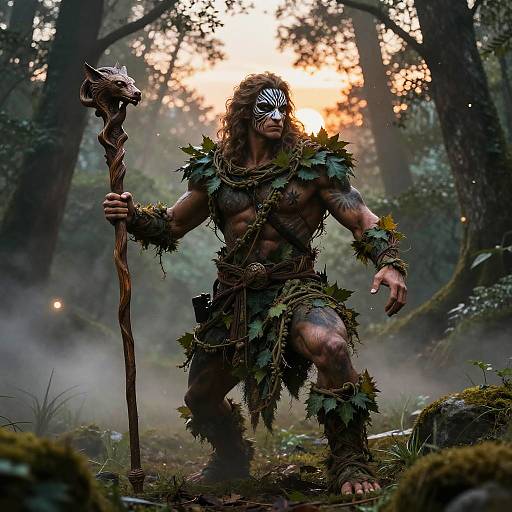 Fantasy CGI image of a muscular, masked, tribal warrior with wild hair, wearing moss-covered loincloth and holding a gnarled staff in