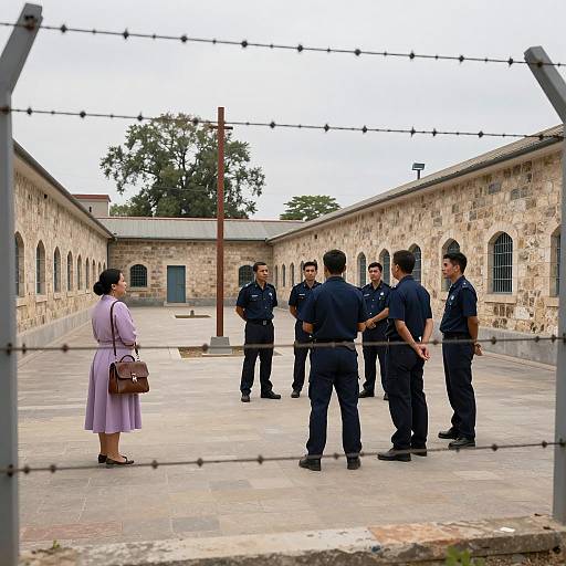 Prison Yard Scene with Barbed Wire