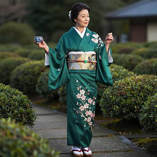 Photograph of an Asian woman in a green kimono with white floral patterns, gold obi, black hair up, holding a small dish, standing
