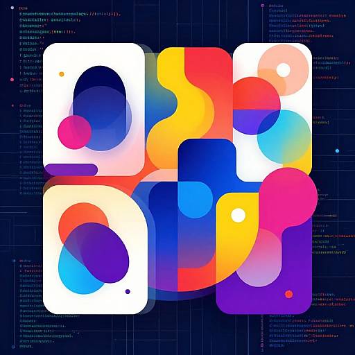 Abstract digital art featuring overlapping, colorful geometric shapes in white, red, yellow, blue, and purple on a dark grid background.