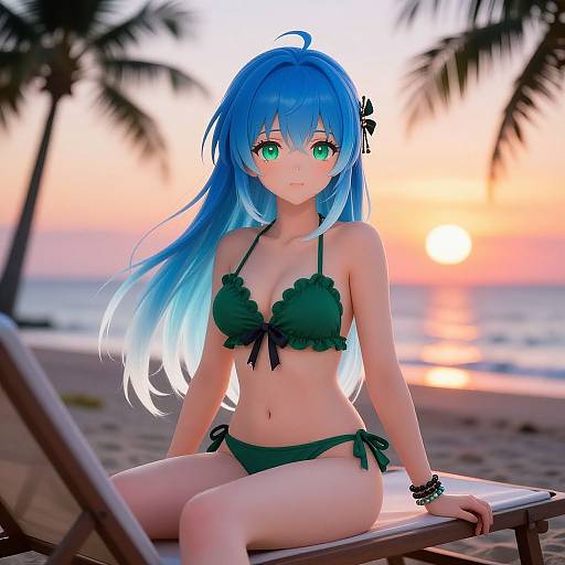 Digital anime-style artwork of a blue-haired girl with green eyes, wearing a green frilled bikini, sitting on a beach chair at sunset with palm trees