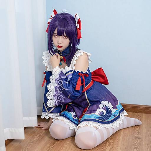 Cosplayer in Japanese-inspired blue and red dress