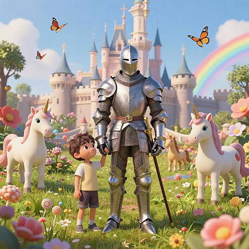 CGI image of a knight in shiny armor holding a sword, standing with a young boy, surrounded by white unicorns and butterflies in a colorful,