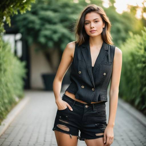 Young woman in black sleeveless blazer and shorts
