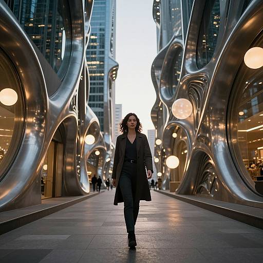 Photograph of a curly-haired woman in a black coat walking down a futuristic urban corridor with wavy metallic walls and glowing circular lights.