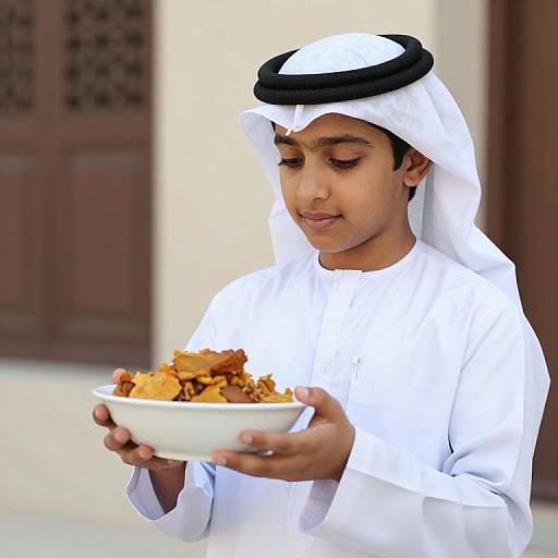 Photograph of a young Middle Eastern boy with medium brown skin, wearing a white thobe and black headscarf, holding a white bowl of orange