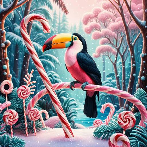 Pink Toucan on Candy Cane in Sugary Forest