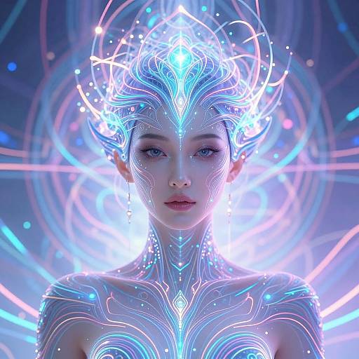 Digital art of a glowing, ethereal woman with neon blue and white intricate patterns on her face and body, set against a radiant, circular light background