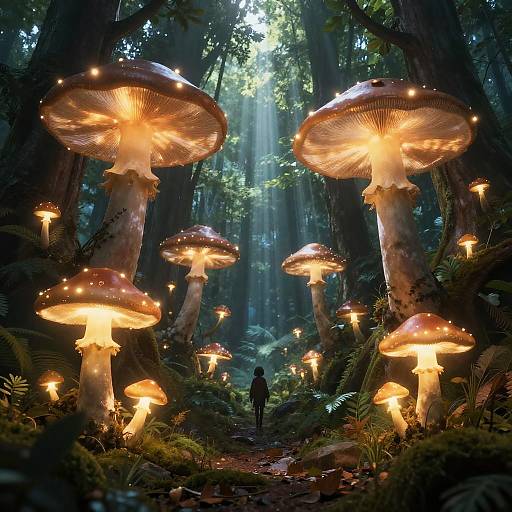 Digital fantasy artwork of a forest with gigantic glowing mushrooms, illuminated by sunlight rays. A silhouette of a person stands among the mushrooms, surrounded by lush green
