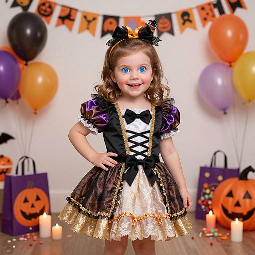 Photograph of a curly-haired, blue-eyed girl in a Halloween witch dress, black bow, orange lace, standing in a decorated room with balloons,
