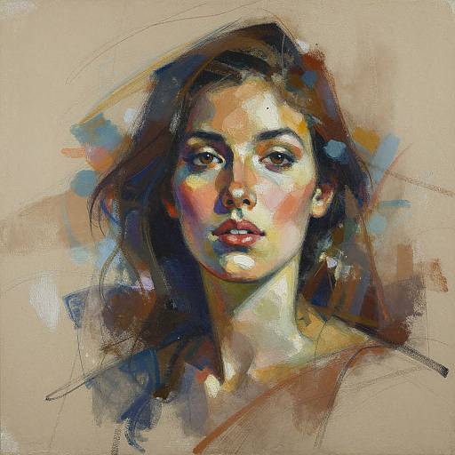 Digital painting of a young woman with long brown hair, soft brown and pink-toned face, and expressive eyes, set against a textured beige background with