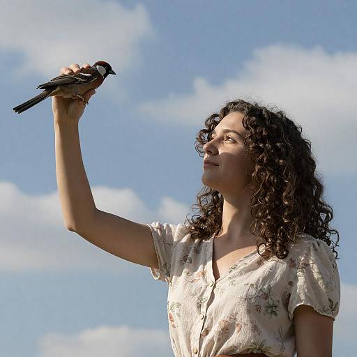 Serene Woman with Bird Under Blue Sky