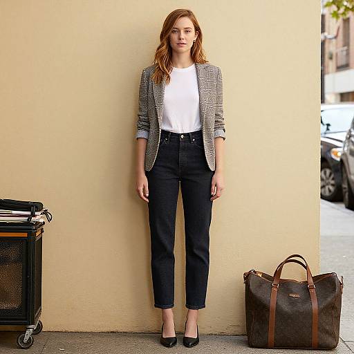 Photograph of a red-haired woman in a gray checkered blazer, white shirt, black pants, and black heels, standing against a yellow wall