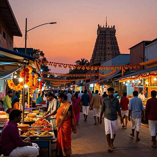 Vibrant evening market scene in India with colorful stalls, orange sky, people in traditional clothing, string lights, and a tall temple tower in the