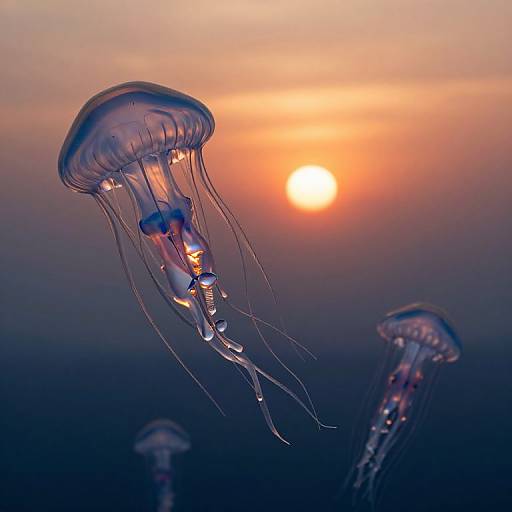 Photograph of two translucent jellyfish with long, flowing tentacles against a sunset sky, with the sun glowing orange in the background.