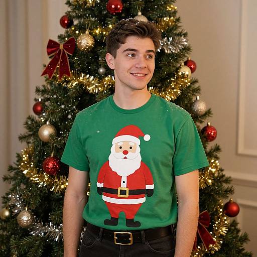 Young man with short brown hair, wearing green Santa-themed t-shirt, standing in front of decorated Christmas tree with red and gold ornaments. Photographic image