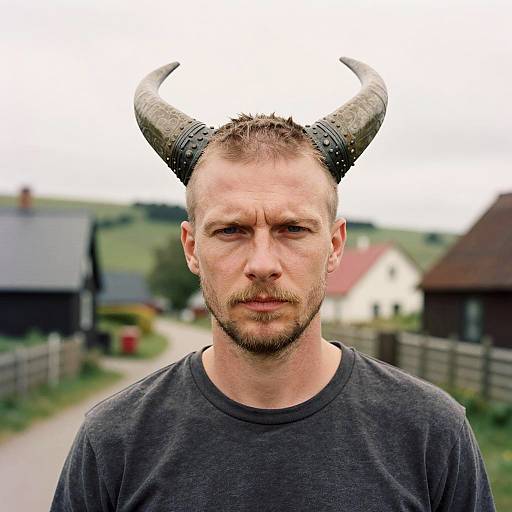 Man Wearing Viking Horns in Village