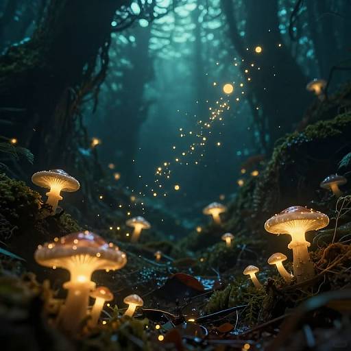 Photograph of a mystical forest at night, illuminated by glowing mushrooms and sparkling fireflies, with a misty blue background.