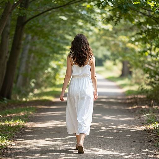 Photograph of a woman with long dark curly hair, wearing a sleeveless white dress and brown shoes, walking down a sunlit, tree-lined path