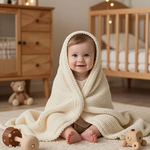 Photograph of a smiling baby with light skin and brown hair, wrapped in a cream knitted blanket, sitting on a white carpet in a wooden nursery