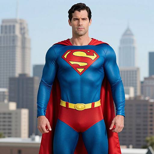 Photograph of a muscular, dark-haired man in a blue Superman suit with red cape and yellow belt, standing in front of a city skyline.