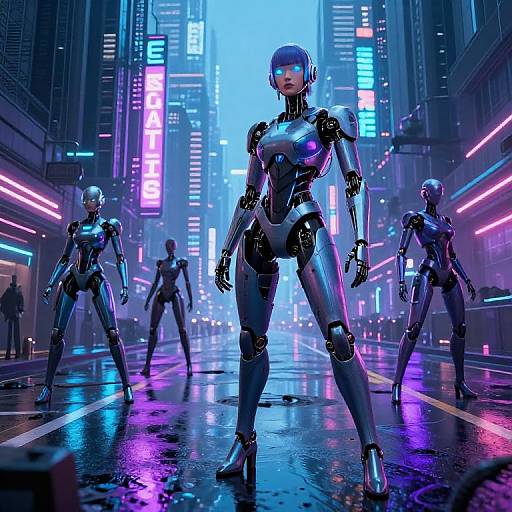 Digital artwork of four futuristic, metallic, humanoid robots in a neon-lit, cyberpunk city street, standing confidently with vibrant blue and pink lights reflecting