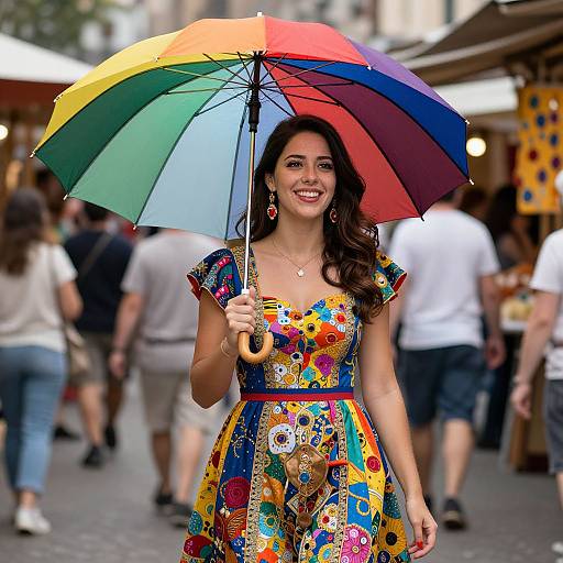 Photograph of a smiling woman with long dark hair, wearing a colorful, patterned dress and holding a rainbow umbrella, standing on a bustling street.