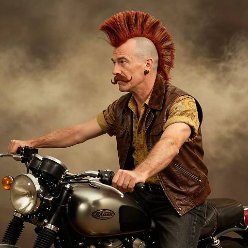 Photograph of a bald, white man with a red mohawk and mustache, wearing a brown leather vest, riding a silver Harley-Davidson