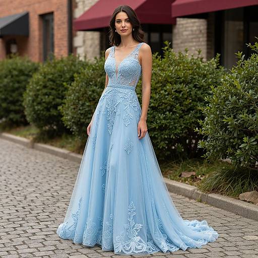 Photograph of a beautiful woman with dark, wavy hair wearing a light blue, lace-embellished, sleeveless wedding gown standing on a