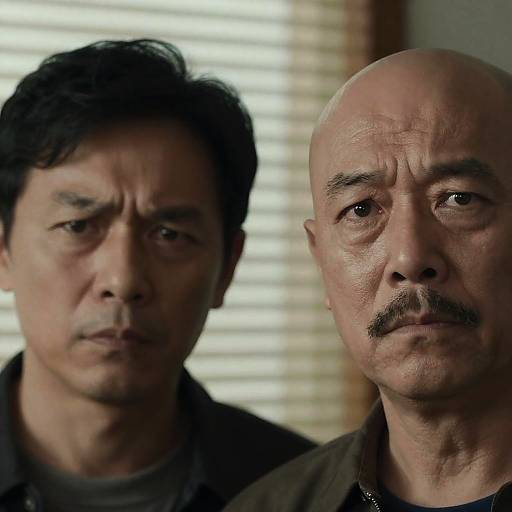 Photograph of two middle-aged Asian men with serious expressions. One has black hair, the other bald with a mustache. Background shows blurred blinds.