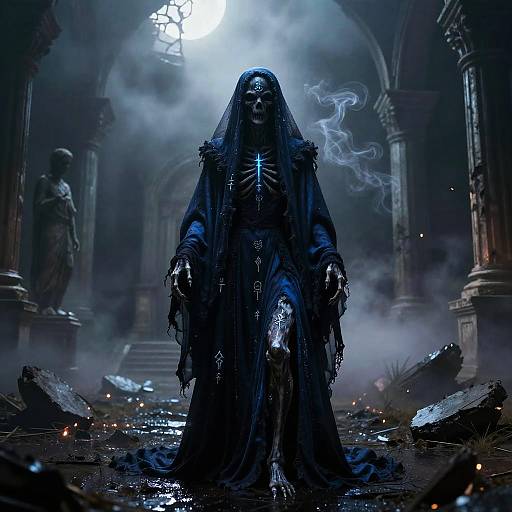 Photograph-like digital artwork of a menacing, skeletal figure in a tattered black hooded robe, standing in a smoky, ruined cathedral with ar