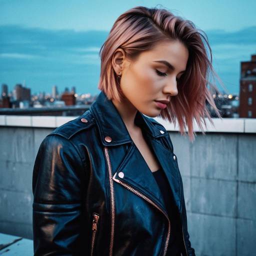 Woman with Rose Gold Hair and Leather Jacket on Rooftop