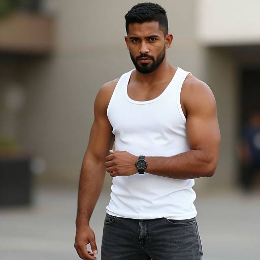 Photograph of a muscular, dark-skinned man with short black hair and beard, wearing a white tank top and black jeans, standing outdoors with a