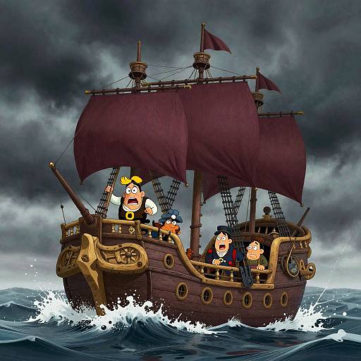 Cartoon drawing of a wooden pirate ship with frightened cartoon characters under stormy skies, large purple sails, and crashing waves.