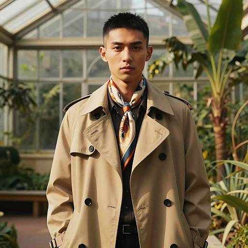 Man with Short Undercut and Trench Coat in Greenhouse