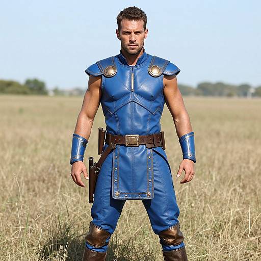 Photorealistic CGI image of a muscular, bearded man in blue leather armor, standing in a sunny, grassy field, with a brown belt
