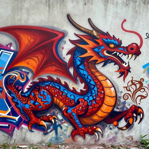 Vibrant digital graffiti of a fiery red and blue dragon with orange scales, sharp claws, and wings, set against a textured concrete wall.