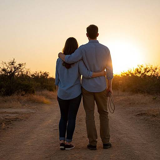 Photograph of a couple standing on a dirt path at sunset, arms around each other, silhouetted against a bright orange sky.