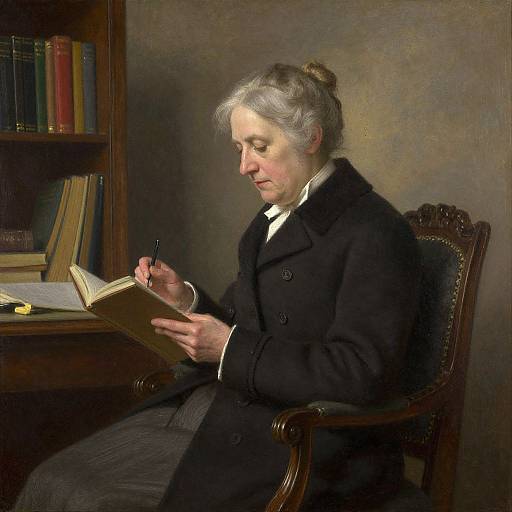 Photorealistic painting of an elderly white man with gray hair, wearing a black coat, writing in a notebook at a wooden desk with books.