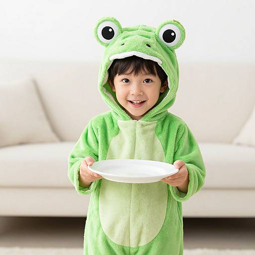 Photograph of an Asian boy with black hair, smiling, wearing a green frog-themed onesie with ears, holding a white plate in a bright,