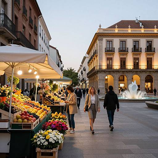 Photograph of a bustling European plaza at dusk, featuring a colorful fruit market, illuminated buildings, a fountain, and people walking.