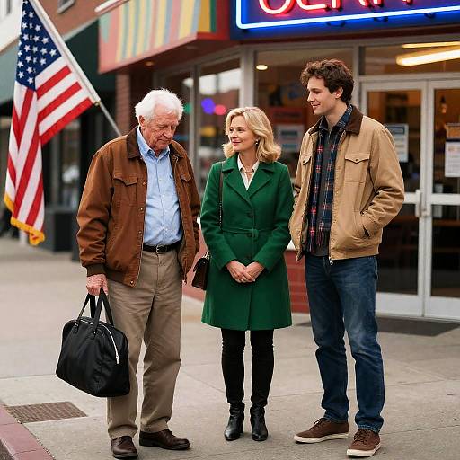 Three People Standing Outside Restaurant with Neon Sign