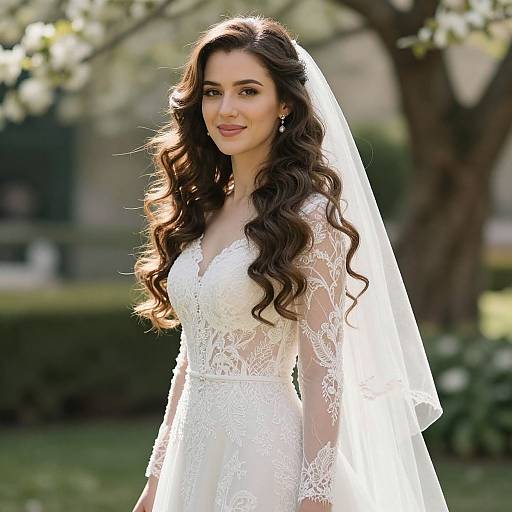 Photograph of a beautiful, dark-haired bride in a white lace wedding dress with long sleeves and veil, standing outdoors in sunlight, surrounded by blooming
