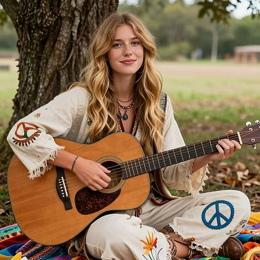 Photograph of a blonde woman with wavy hair, wearing a white, embroidered dress with peace symbols, playing an acoustic guitar under a tree in a