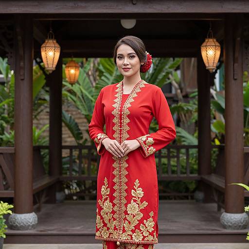 Photograph of an Asian woman with fair skin, dark hair in a bun, wearing a vibrant red traditional dress with gold embroidery, standing under a wooden