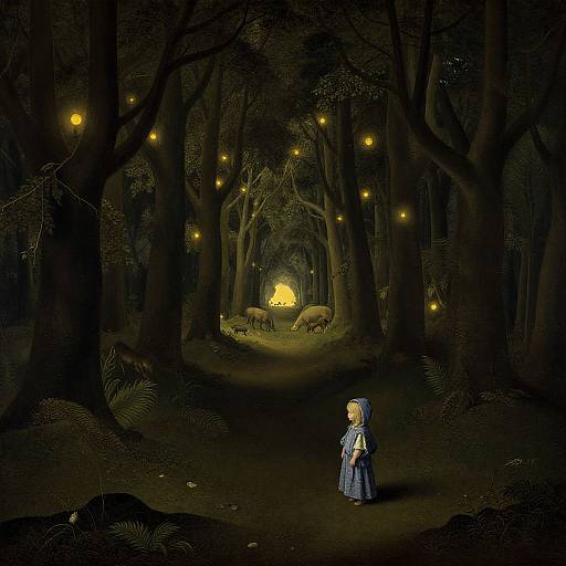 Digital illustration: Dark forest, child in blue dress, white bonnet, holding lantern, glowing fireflies, herd of deer, ethereal, mystical