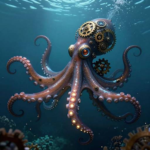 Photorealistic CGI of a steampunk octopus with gears and cogs on its head, glowing suction cups, and mechanical eyes, swimming underwater