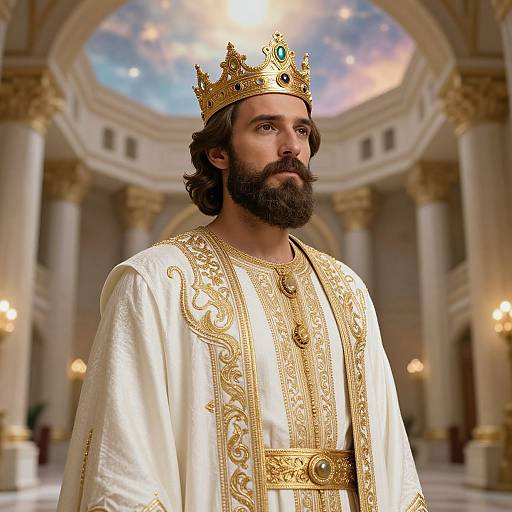 Photograph of a bearded man with dark hair, wearing a golden crown and ornate white and gold royal robe, standing in an opulent,