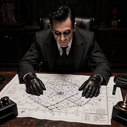 Photograph of a stern, dark-haired man in a black suit and leather gloves, intensely studying a detailed city map on a wooden desk.